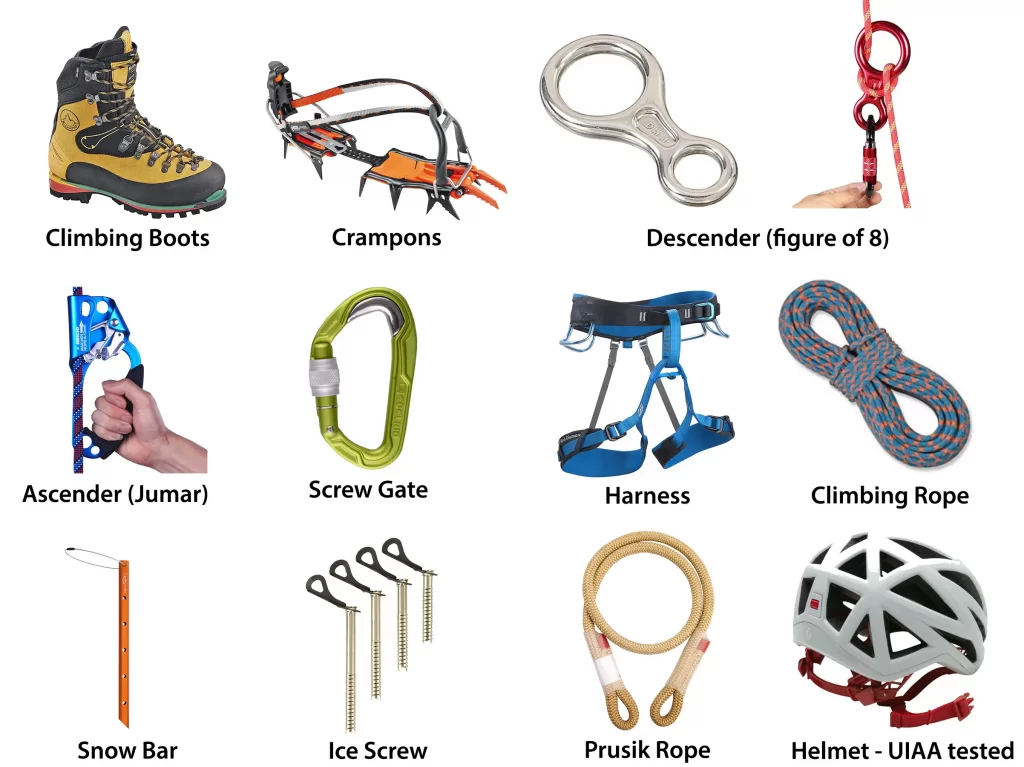 Some essential equipment of alpinism.