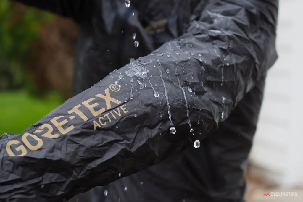 A GORE-TEX jacket showing its waterproofness.