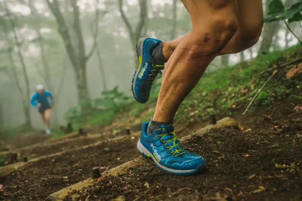 Two trail running competitors ascending a hill out in nature.